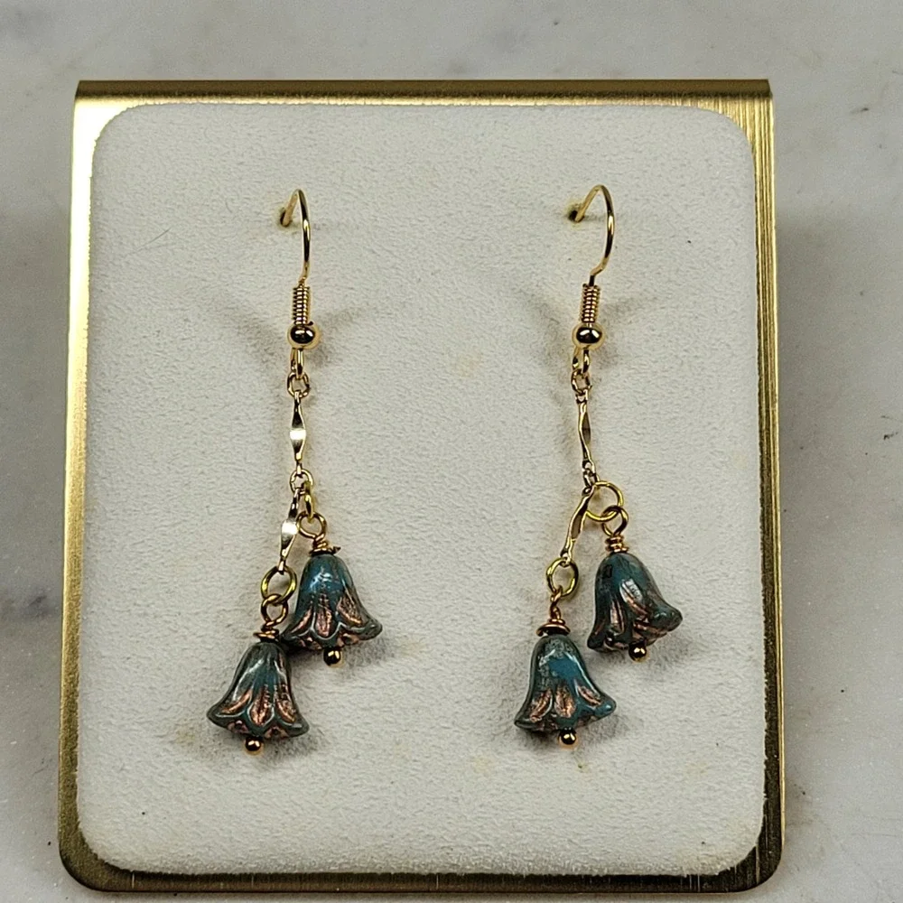 Blue Lily Flower Dangle Drop Earrings Handmade Beaded Whimsical Fairy Boho NEW